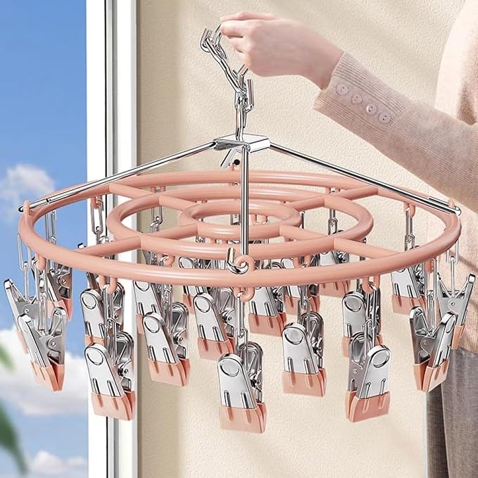 Drying Rack for Sock, Stainless Steel Sock Drying Rack with 24 Clips, Swivel Hook Windproof Hanger for Sock, Bras, Towel, Underwear, Laundry, Hat, Scarf, Pants, Gloves(Pink)