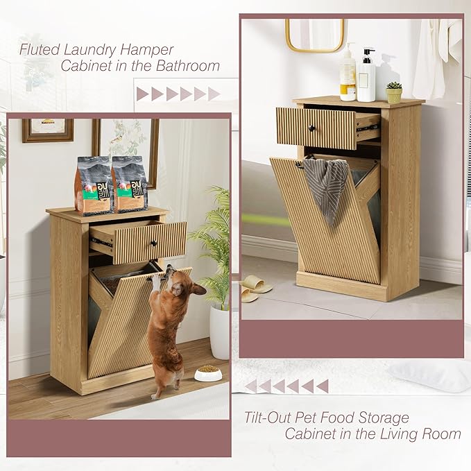 Modern Tilt Out Laundry Hamper Cabinet, Fluted Hidden Garbage Cabinet with Laundry Storage Basket, Wooden Trash Can Cabinets with Drawer (Natural Oak, 13"D x 21"W x 36"H (Single))