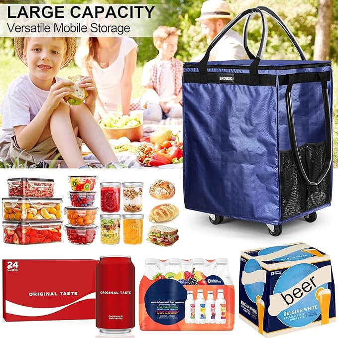 (Medium, Navy) Reusable Grocery Bag on Wheels, 70L Foldable Rolling Tote, Carries Up to 66 lbs Shopping Trolley, Zipper Clouser Shopping Carts for Trips, Laundry, 4 Heavy Duty Wheels and 3 Handles
