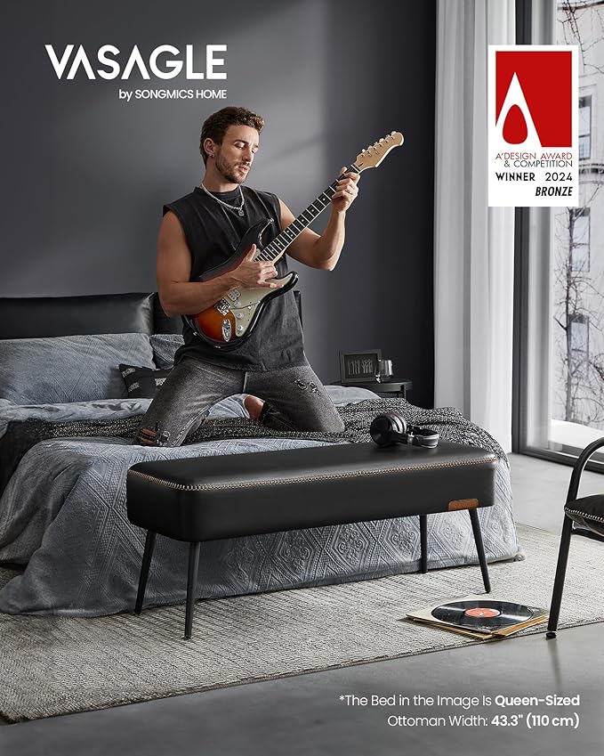VASAGLE EKHO Collection - Bench for Entryway Bedroom, Synthetic Leather with Stitching, Ottoman Bench with Steel Legs, Living Dining Room, Mid-Century Modern, Loads 660 lb, Ink Black ULOM076B01