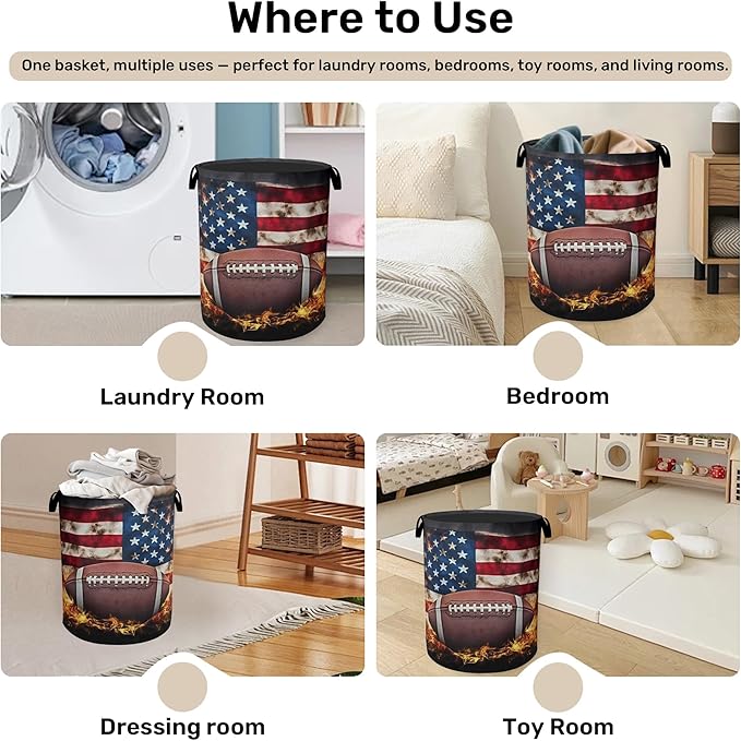 Football Large Clothes Hamper Bag - Laundry Basket with Handles, Space Saving Foldable Design for Nursery