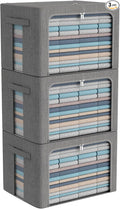 CYhom 3Pack Foldable Storage Bins - Frame Storage Box Linen Fabric Stackable Clothes Container Organizer with Clear Window & Carry Handles Large Capacity (Large-66L, Dark Gray)