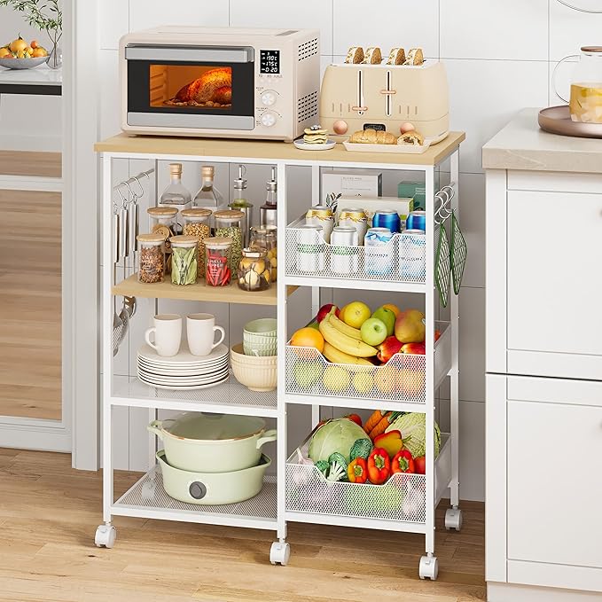 HapiRm Rolling Kitchen Carts with Storage - Microwave Table Stand with 6 Hooks & 3 Baskets, kitchen Island Cart on Lockable Wheels, 28.3" L × 14.6" W Bakers Rack Cart for Dining Room Coffee Bar Office
