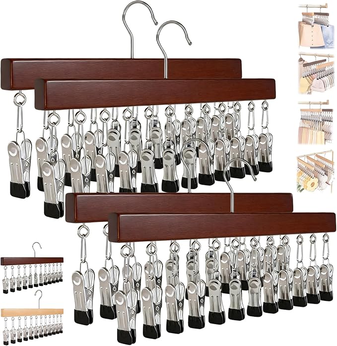 2026 New Closet Organizer with 10 Clips - Space Saving Hanging Closet Organizer, 12 Clips, Closet Organizers and Storage, 360° Rotating, for Jeans, Hats, Shorts, Socks (Brown*4)