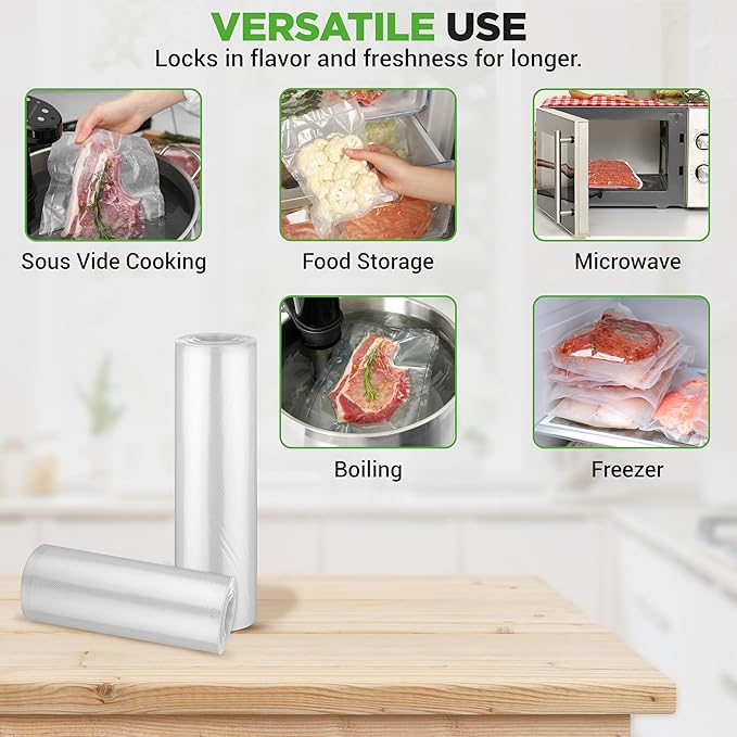 NutriChef Vacuum Sealer Bags for Food 8” x 50’ & 11" x 50' (2 Rolls, 100’ Total) – Works with All Sealers, BPA-Free, Heavy-Duty, Multi-Layered – Freezer, Microwave & Sous Vide Safe