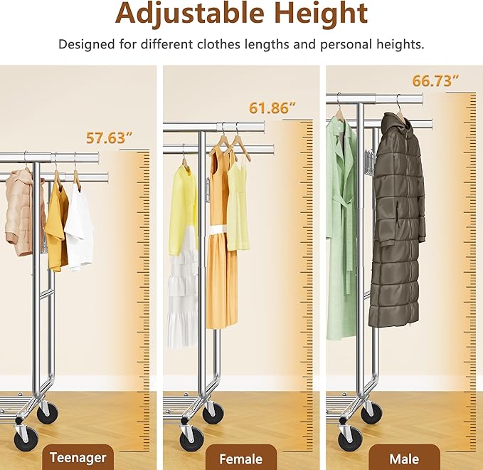 Hoctieon 2-Minute Assembly Double Rod Clothes Rack, Heavy Duty Rolling Clothing Racks with Wheels, Foldable Commercial Garment Rack, Extendable Hanging Bar, Adjustable Metal Pole with Hooks, Chrome