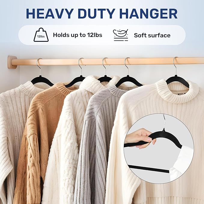YSSOA 50 Pack Velvet Hangers, Heavy Duty Coat Hangers with 360° Swivel Hooks, Non-Slip Clothes Hangers with Shoulder Notches, for Coat, Pants, Black