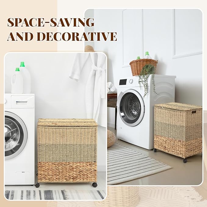 120 L Rolling Wicker Laundry Basket with Wheels Laundry Hamper with Lid Decorative Woven Hamper with Washable Removable Liner Bags and Handles for Clothes Natural Water Hyacinth (2 Sections)