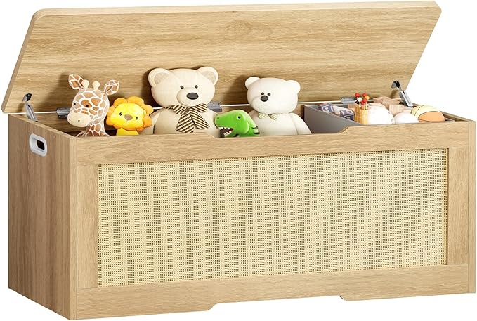 usikey 47.2" Large Storage Chest with Fabric Drawer, Toy Box with Safety Hinges, Extra Wide Storage Bench for Bedroom, Living Room, Entryway, Supports 300 lb