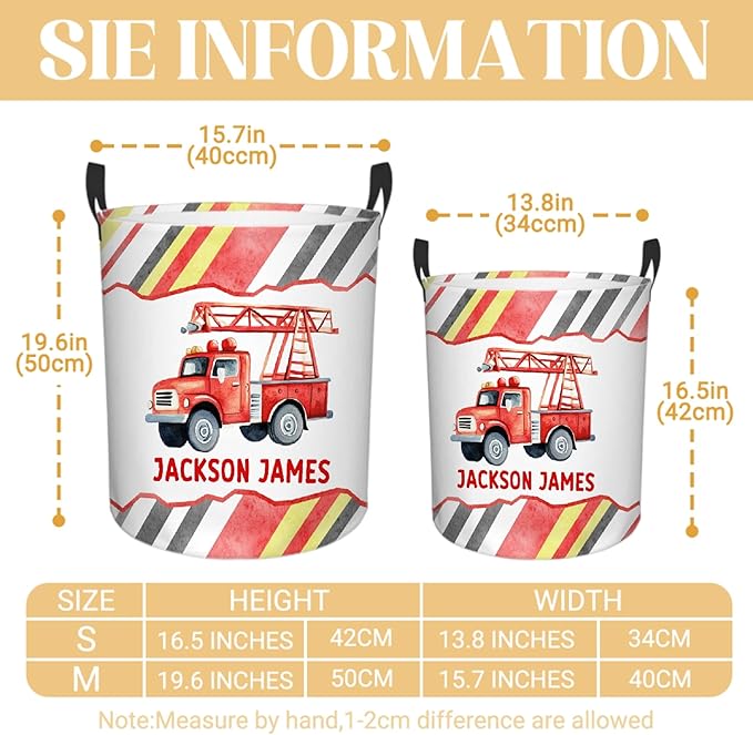Personalized Fire Trucks Laundry Basket, Custom Laundry Hamper With Name Gifts For Kids Baby Adults, Collapsible Dirty Clothes Storage Organizer With Handles M 19.6 X 15.7in