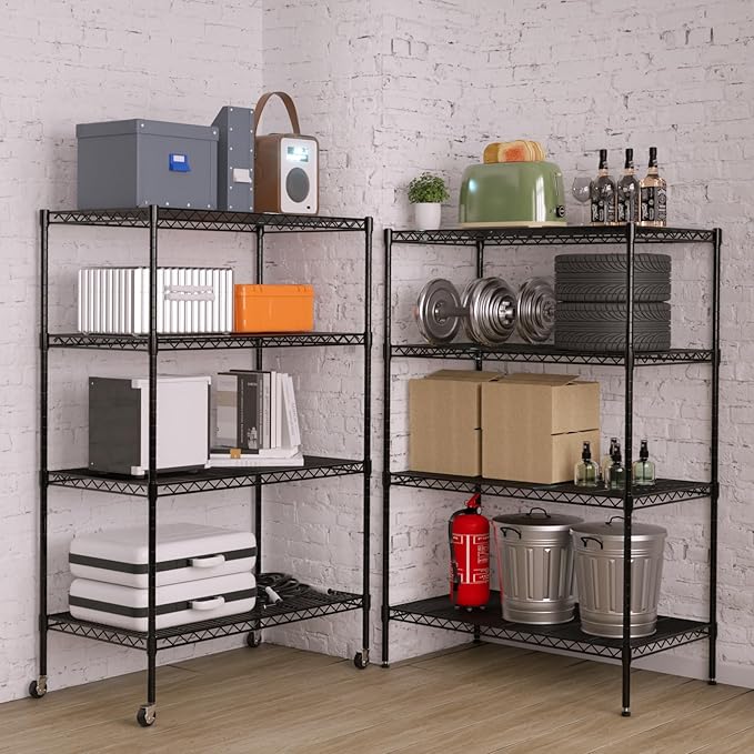 YRLLENSDAN Storage Shelves with Wheels, Heavy Duty 4 Tier Garage Storage Rack, Adjustable Wire Shelving Unit, Metal Shelf Organizer for Pantry, Kitchen, Basement, 36" W x 14" D x 62" H, Black