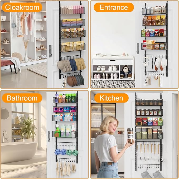 Over the Door Organizer, 2 in 1 Metal Hanging Closet Organizer & Hat Rack with 4 Adjustable Baskets, 8 Hooks, 10 Clips, Behind The Door Storage for Bedroom, Bathroom, Entrance, Closet, Kitchen, Black
