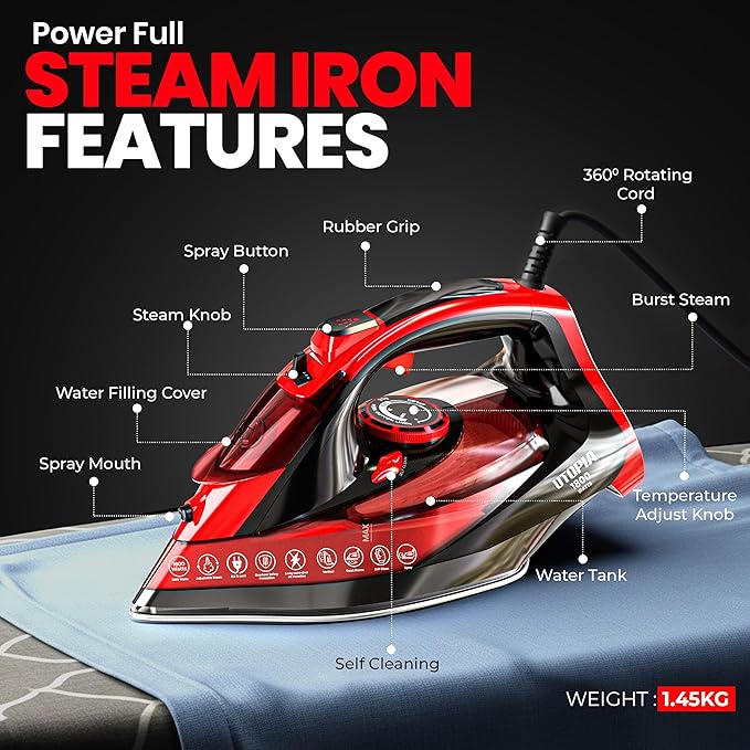 Utopia Home Steam Iron for Clothes - Non-Stick Soleplate - 1800W Clothes Iron With Auto-Off Safety Feature - Adjustable Thermostat Control, Variable Steam Control, Self-Clean, 8 Feet Cord (Black/Red)