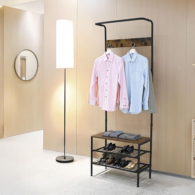 Amig - Lukïen Standing Coat Rack with Shoe Rack - Industrial Style Bench - 183 x 66 x 32.5 cm - Metal and Wood - Black and Brown - Donkey for Hallway or Entrance Rustic Style