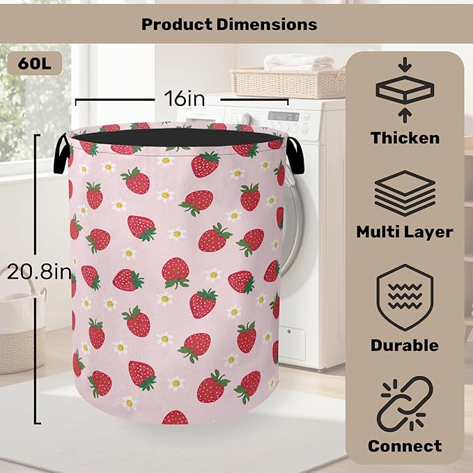 Cute Pink Strawberry Laundry Basket, Extra Large Foldable Hamper for Bathroom/Laundry/Bedroom/Dorm, Washable Fabric Storage Bin with Handle