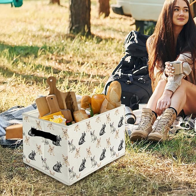 French Bulldog Dog Storage Bins & Boxes with Handles, Frenchie Dog Foldable Basket for Organizing, French Bulldog Gifts Collapsible Storage Basket for Bedroom Room Bathroom Clothes Toys Books