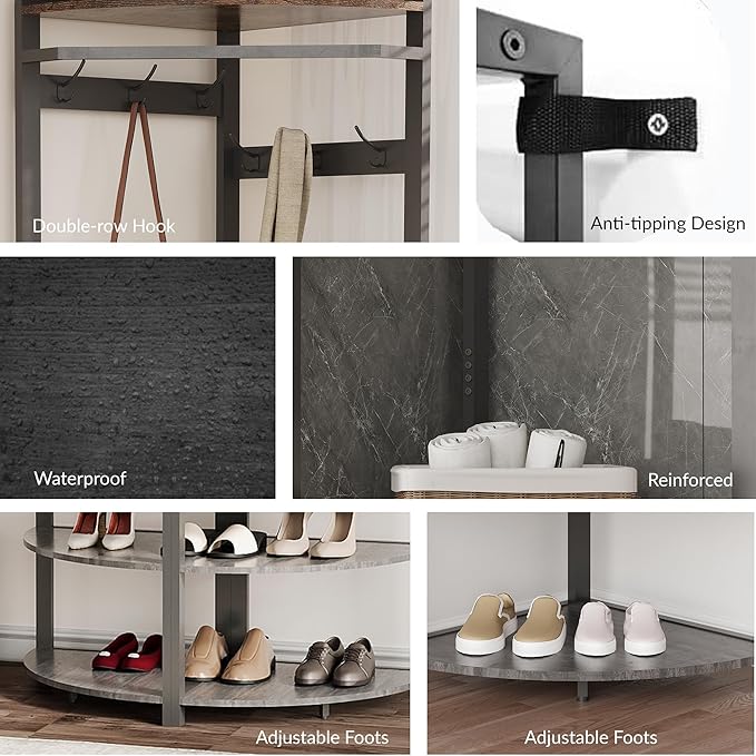 Hallway Coat Rack with 6 Double-Row Hooks and 4 Storage Shelves – Multifunctional Clothes Rack and Shoe Organizer Perfect for Entryway, Hallway and Closet, Rustic Gray & Black