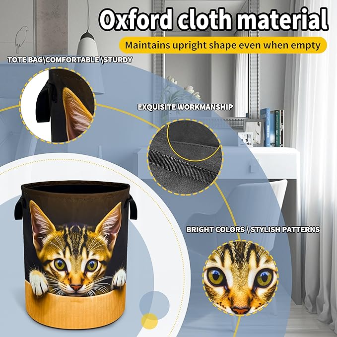 Cute Cat Laundry Basket Pet Animal Foldable Waterproof Oxford Cloth Funny Tote Bag Laundry Hamper Clothes Storage Bucket Toy Organizer For Bathroom/Laundry Storage/Bedroom 18.9x16.5 Inch