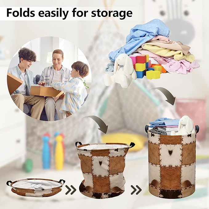 Cows Print Laundry Basket, Collapsible Waterproof Oxford Cloth Laundry Hamper, Vintage Round Kids Toys Storage Basket as Room Decor, Farmhouse Dirty Clothes Hamper for Bedroom Bathroom Dorm (Brown)