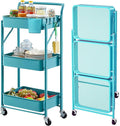 Foldable Utility Rolling Cart with Wheels No Assembly 3 Tier Metal Rolling Cart with Cup and Hooks Heavy Duty Mesh Storage Baskets Rack Folding Shelves for Kitchen,Office,Classroom, Bathroom(Teal)