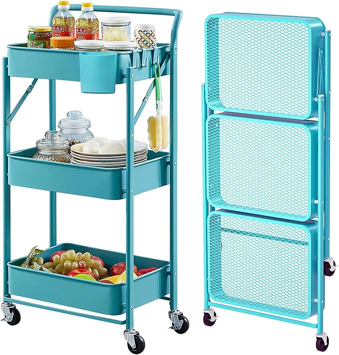 Foldable Utility Rolling Cart with Wheels No Assembly 3 Tier Metal Rolling Cart with Cup and Hooks Heavy Duty Mesh Storage Baskets Rack Folding Shelves for Kitchen,Office,Classroom, Bathroom(Teal)
