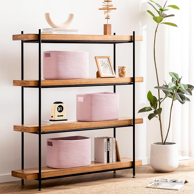 UBBCARE 2 Pack Storage Baskets for Organizing, Shelf Baskets with Handles, Woven Storage Baskets for Bookcase/Cube Shelf/Closet, 14.5"L x 9.8"W x 9"H, Pink