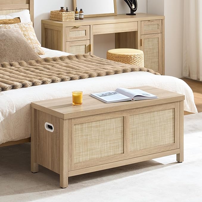 SICOTAS Rattan Storage Chest - 39.4" Storage Bench for Bedroom, Boho Storage Truck with 2 Safety Hinges and Flip Top for Living Room Entryway, Supports 220 lb, Light Oak
