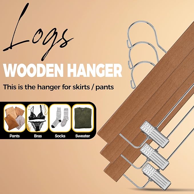 Quality Hangers Wooden Pants Hangers - 20-Pack Swivel Hook Cloth Hanger Set - Lotus Wood Skirt, Pant, Shorts and Slack Hangers with Adjustable Clip (Walnut - Chrome Hook, 20)