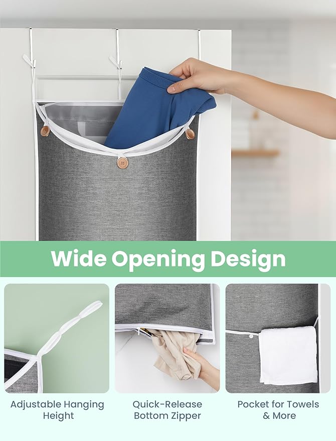 NiHome XL Hanging Laundry Hamper(39.4" x 22.4"), 2-in-1 Laundry System with Delicates Bag, Durable Water-Resistant Fabric, Includes 3 Door and 3 Wall Hooks