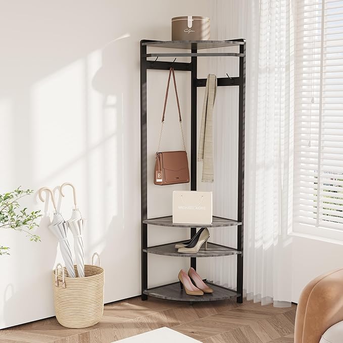 Hallway Coat Rack with 6 Double-Row Hooks and 4 Storage Shelves – Multifunctional Clothes Rack and Shoe Organizer Perfect for Entryway, Hallway and Closet, Rustic Gray & Black