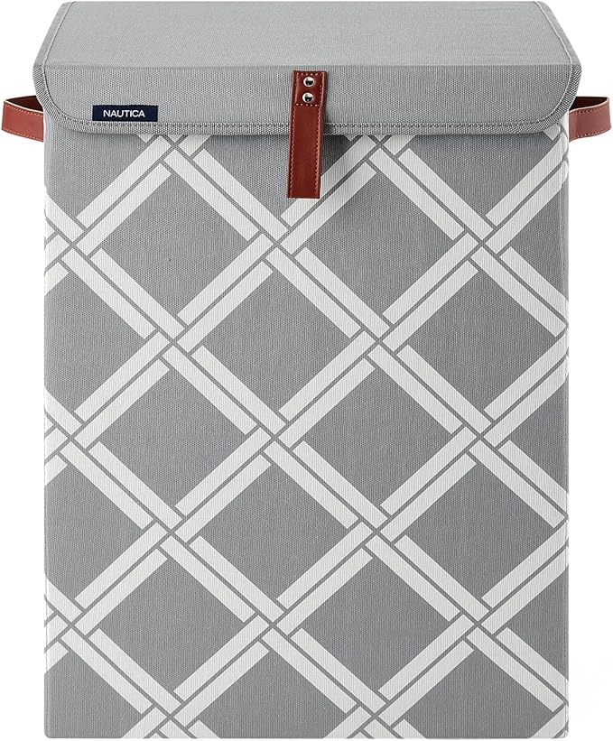 Nautica - Laundry Basket, Foldable Hamper & Storage Bin with Lid, Closet Organizers, Home Essentials (Grey Box Weave)
