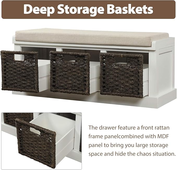 Merax Rustic Shoe Storage Bench with 3 Removable Rattan Basket Entryway Bench with Seat Cushion Multipurpose White