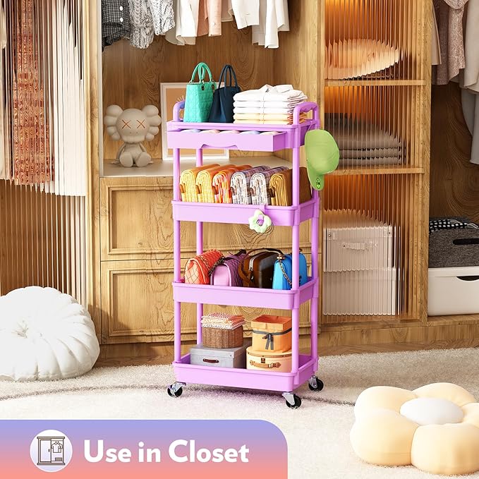 Makeup Cart Organizer with Drawers, 4 Tier Floor Skincare Organizers for Vanity, Rolling Makeup Bathroom Storage Cart Cosmetics Display Cases for Skin Care Perfume Nail Polish, Purple