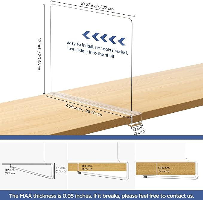 4 Pack 12 Inches [Extra Tall Version] Clear Shelf Dividers for Organization, Acrylic Closet Shelf Vertical Shelves Organizer for Bedroom, Kitchen and Office