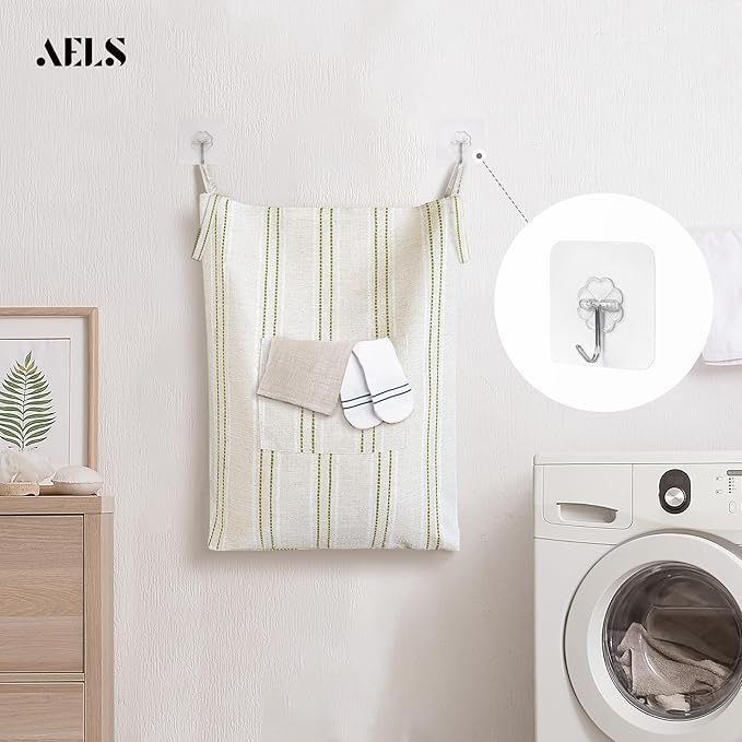 AELS Farmhouse Hanging Laundry Hamper with 2 Hooks, Boho Beige & Green Stripes Laundry Bag with Zipper & Wide Open Top, Over the Door Organizer for Dirty Clothes, Washable Space Saving Storage