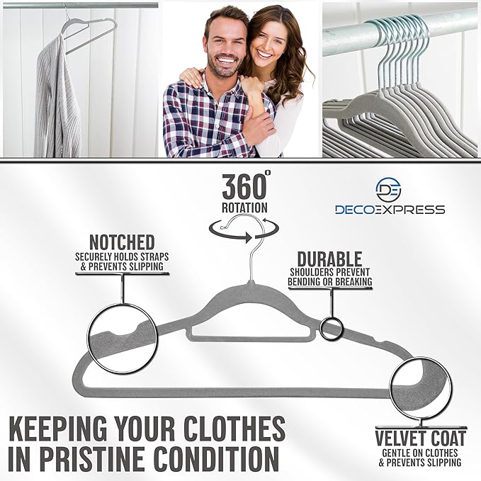 Deco Express Velvet Hangers, Space Saving Non Slip Coat Hangers for Clothes Multipack (Grey, 20 Pack)