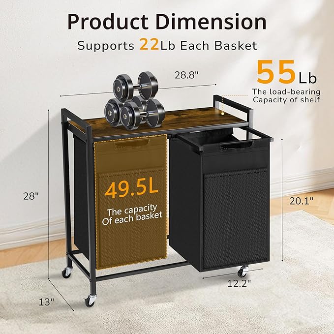 Laundry Hamper, Laundry Basket with 2 Pull-Out Removable Oxford Fabric Bags, 2 x 13.1 Gallons, Total 99L, Cloth Laundry Sorter with a Top Shelf 28.8"x13" (Black and Rust)