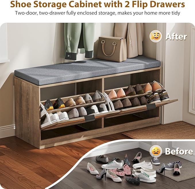Rattan Storage Bench with Cushion & Coat Rack, Shoe Rack with 2 Flip Drawers, Narrow Shoe Storage Cabinet, Shoe Bench for Entryway, Living Room, Rustic Oak, Oval