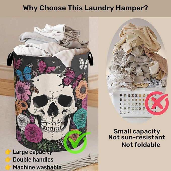 Skull Gothic Laundry Hamper - Foldable Waterproof Fabric Laundry Basket with Handles, Clothes Storage for Laundry,Bedroom,Dorm
