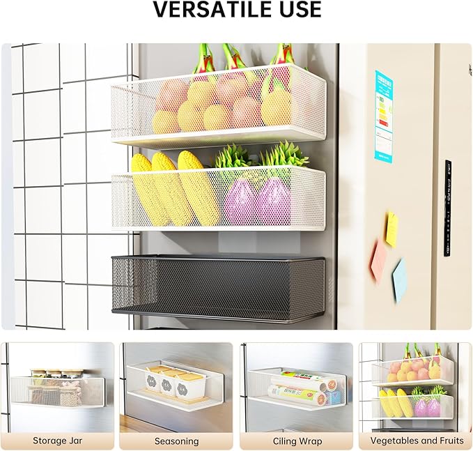 Magnetic Basket Organizer Holder for Fridge Sipce Rack Magnetic Storage Bin Box Containers for Refrigerator Magnetic Shelf for Fridge Whiteboard Classroom (Black, 10.63''L*4.72''W*3.03''H)