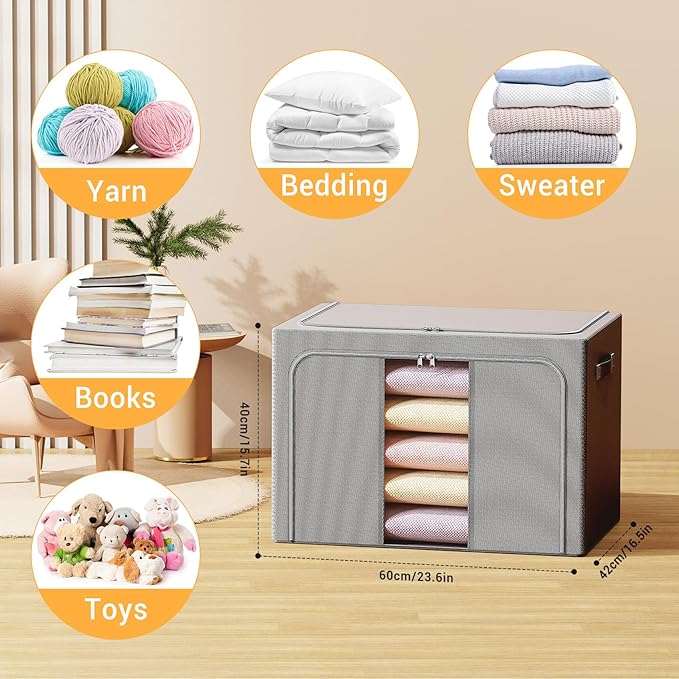 Clothes Storage Bins with Metal Frame Foldable Storage Box Clothes Organizers Storage Containers for Clothes Sheets Blankets Books Toys Gifts and Holiday Decorations (100Lx3 Pack) Deep grey