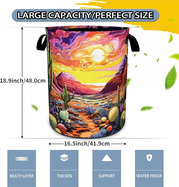 Desert Cactus Laundry Basket Colorful Scenery Mountain Foldable Oxford Cloth Funny Tote Bag Laundry Hamper Clothes Storage Bucket Toy Organizer For Bathroom/Storage/Bedroom 18.9x16.5 In
