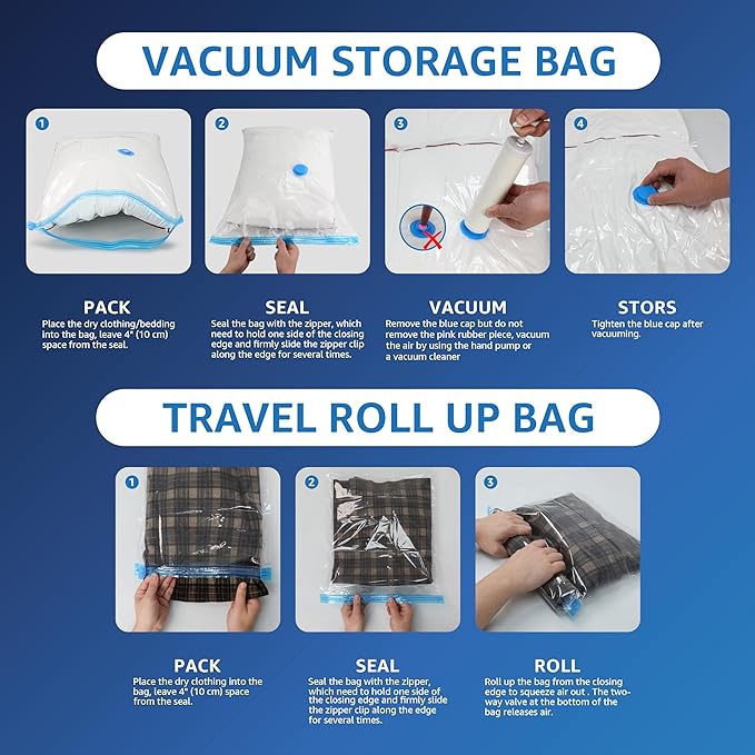 30 Pack Vacuum Storage Bags, Compression Storage Bags, Space Saver Bags for Comforters, Blankets, Pillows and Clothes Storage, Hand Pump Included (5 Jumbo/5 L/5 M/5 S/5 Roll M/5 Roll S)