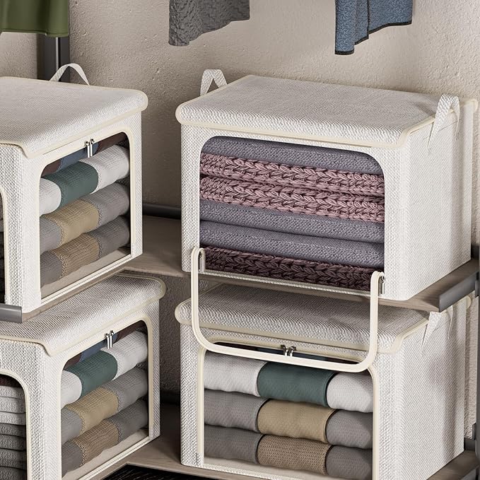 4 Pack Clothes Storage Bins with Metal Frame - 66L Stackable Storage Box with Lid，Foldable Storage Container Organizer for Clothes，Linen Fabric Storage Box with Clear Window＆Zippers＆Handles