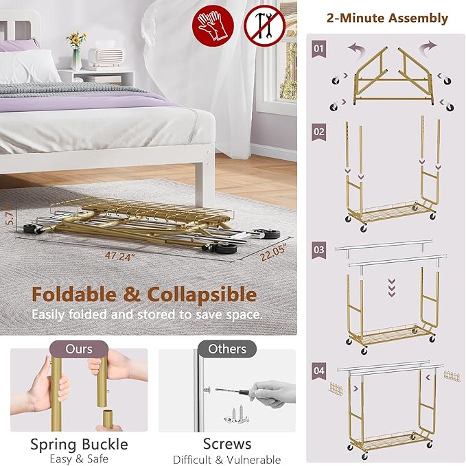 Hoctieon 2-Minute Assembly Double Rod Clothes Rack, Heavy Duty Rolling Clothing Racks with Wheels, Foldable Commercial Garment Rack, Extendable Hanging Bar, Adjustable Metal Pole with Hooks, Gold