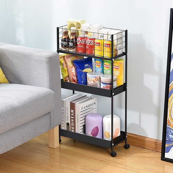 APEXCHASER Slim Storage Cart,3-Tier Metal Utility Rolling Cart with Wheels,Slide Out Storage Cart,Small Rolling Trolley Kitchen Cart,Black Cart for Bathroom Laundry Room Office Narrow Place,Black