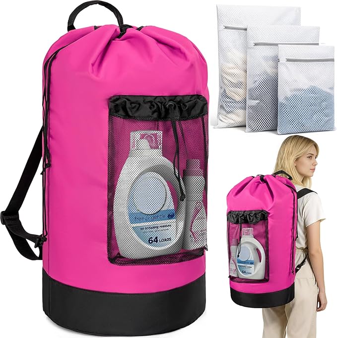 Laundry Bag Backpack with 3 Sizes Mesh Wash Bags and Shoulder Straps Foldable Clothes Hamper Bag with Drawstring Closure for College, Apartment, Laundromat (Pink)