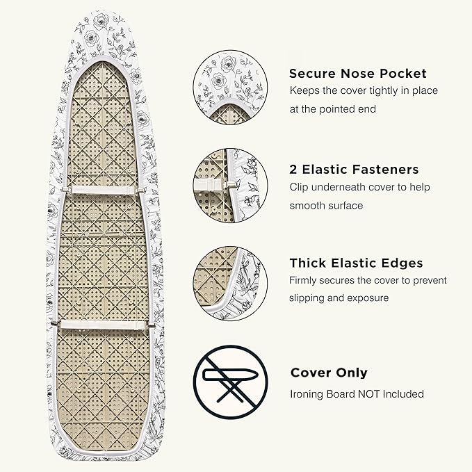 Ironing Board Cover and Pad 15"x54" Extra Thick Natural Cotton, Scorch and Stain Resistant Padding, Standard Size Iron Board Cover with Fasteners Heavy Duty Elastic Edge, Heatproof Rose