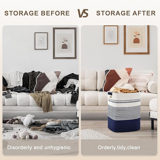 85L Tall Laundry Hamper with Handles for Living Room Storage, Extra Large Woven Rope Baskets Bin for Blanket, Kids Toy, Gifts, Wicker Hamper for Bedroom Dirty Clothes, 17"x14"x22" White Navy