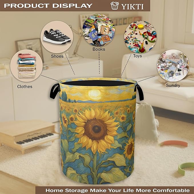 Retro Sunflower Field Laundry Basket,Rustic Farmhouse Clothes Hamper,Oxford Cloth Collapsible Nursery Hamper Storage Organization for Bedroom,Bathroom,Office,College Dorms,16x20 Inch